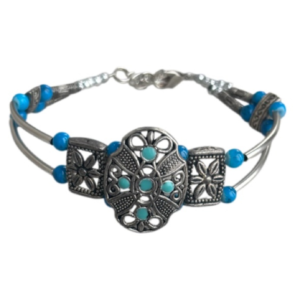 Vintage Silver Cuff Bracelet Handmade Hand Crafted Jewelry Blue Green Turquoise - Picture 14 of 16